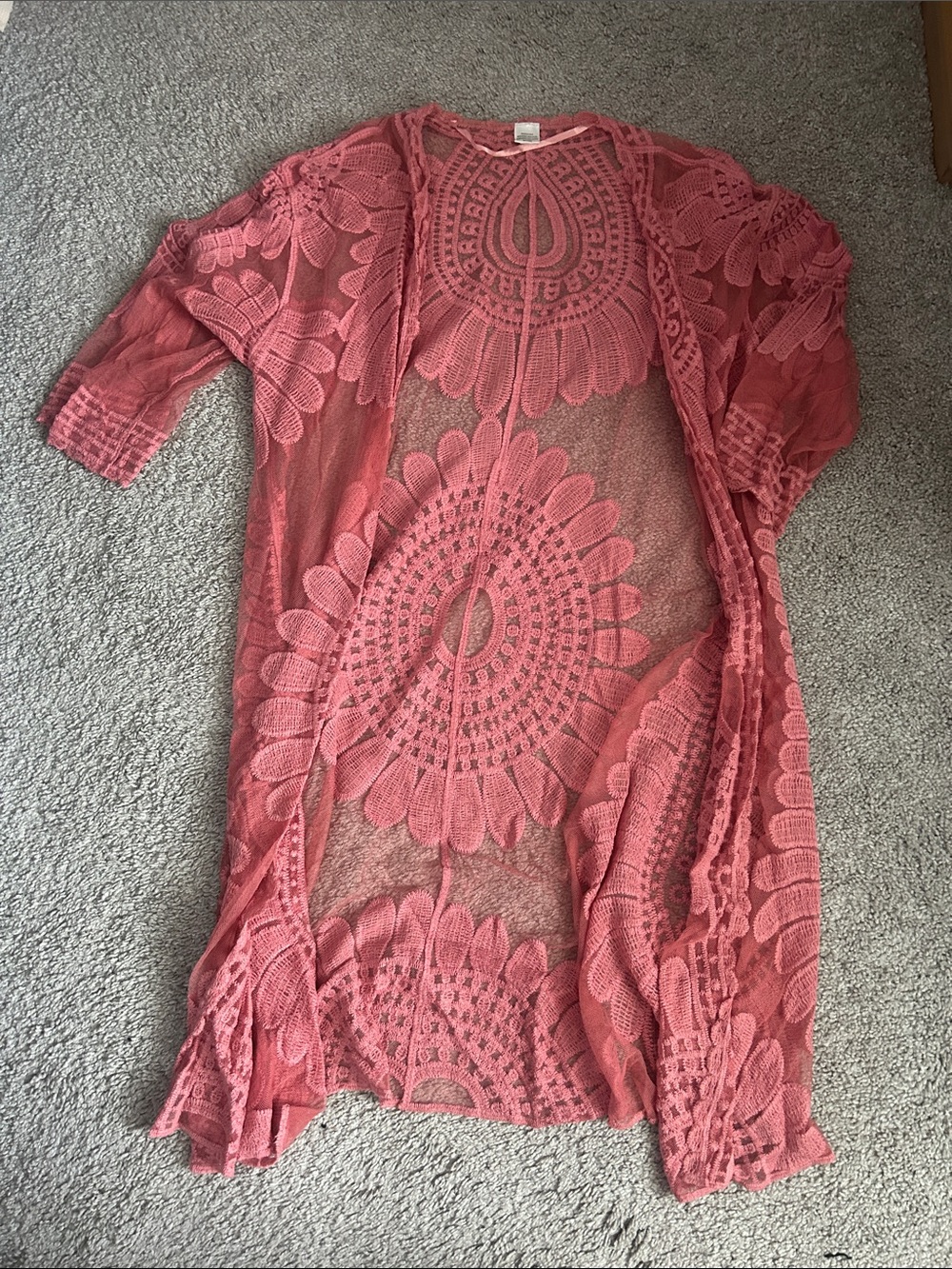 Crochet Open-Front Kimono Cardigan in Dusty Rose